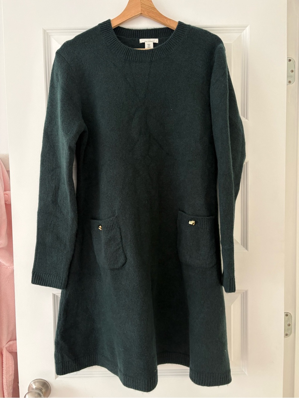 H&M Dark Green Long-Sleeve Knit Pocket Dress